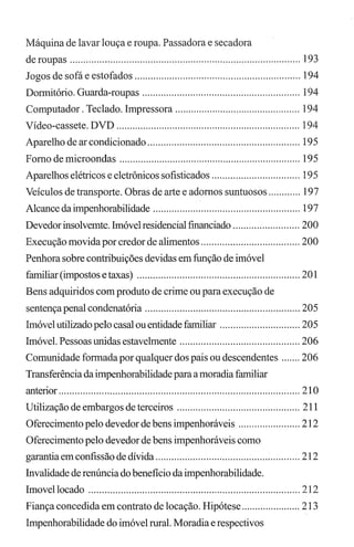 Máquina de lavar louça e roupa. Passadora e secadora
de roupas ...................................................................................... 193
Jogos de sofá e estofados .............................................................. 194
Dormitório. Guarda-roupas ........................................................... 194
Computador. Teclado. Impressora ............................................... 194
Vídeo-cassete. DVD ..................................................................... 194
Aparelho de ar condicionado ......................................................... 195
Fomo de microondas .................................................................... 195
Aparelhos elétricos e eletrônicos sofisticados ................................. 195
Veículos de transporte. Obras de arte e adornos suntuosos ............ 197
Alcance da impenhorabilidade ....................................................... 197
Devedor insolvemte. Imóvel residencial [manciado ......................... 200
Execução movida por credor de alimentos ..................................... 200
Penhora sobre contribuições devidas em função de imóvel
familiar (impostos e taxas) ............................................................. 201
Bens adquiridos com produto de crime ou para execução de
sentençapenal condenatória .......................................................... 205
Imóvelutilizado pelo casal ou entidade familiar .............................. 205
Imóvel. Pessoas unidas estavelmente ............................................. 206
Comunidade formada por qualquer dos pais ou descendentes ....... 206
Transferência da impenhorabilidade para a moradia familiar
anterior .......................................................................................... 210
Utilização de embargos de terceiros .............................................. 211
Oferecimento pelo devedor de bens impenhoráveis ....................... 212
Oferecimento pelo devedor de bens impenhoráveis como
garantia em confissão de dívida ...................................................... 212
Invalidade de renúncia do benefício da impenhorabilidade.
Imovellocado ............................................................................... 212
Fiança concedida em contrato de locação. Hipótese ...................... 213
Impenhorabilidade do imóvel rural. Moradia e respectivos
 