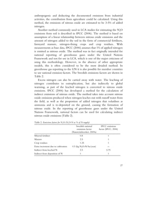 anthropogenic and deducting the documented emissions from industrial
activities, the contribution from agriculture could be calculated. Using this
method, the emissions of nitrous oxide are estimated to be 3-5% of added
nitrogen.
    Another method commonly used in LCA studies for estimating the N2O
emissions from soil is described in IPCC (2006). The method is based on
assumption of a linear relationship between nitrous oxide emissions and the
amount of nitrogen added to the soil in the form of commercial fertilisers,
farmyard manure, nitrogen-fixing crops and crop residues. With
measurements as base data, IPCC (2006) assumes that 1% of applied nitrogen
is emitted as nitrous oxide. The method was in fact originally intended for
national reporting of greenhouse gases under the United Nations
Framework and not for use in LCA, which is one of the major criticisms of
using this methodology. However, in the absence of other appropriate
models, this is often considered to be the most detailed method. In
greenhouse gas reporting to the UN it is also possible for member countries
to use national emission factors. The Swedish emissions factors are shown in
Table 2.
    Excess nitrogen can also be carried away with water. The leaching of
nitrogen contributes to eutrophication, but also indirectly to global
warming, as part of the leached nitrogen is converted to nitrous oxide
emissions. IPCC (2006) has developed a method for the calculation of
indirect emissions of nitrous oxide. The method takes into account nitrous
oxide emissions produced when nitrogen leaches out with runoff water from
the field, as well as the proportion of added nitrogen that volatilises as
ammonia and is re-deposited on the ground, causing the formation of
nitrous oxide. In the reporting of greenhouse gases under the United
Nations Framework, national factors can be used for calculating indirect
nitrous oxide emissions (Table 2).

Table 2. Emissions factors for N2O (N2O-N as % of N-supply)
                                            Swedish national          IPCC emissions
                                             emissions factor       factor (IPCC, 2006)
                                        (Naturvårdsverket, 2009a)
Mineral fertiliser                              0.8                         1
Manure                                          2.5                          1
Crop residues                                   1.25                         1
Extra increment due to cultivation      0.5 (kg N2O-N/ha/year)              --
Indirect from leached N                         2.5                        0.75
Indirect from deposition of N                   1                           1



                                                                                          27
 