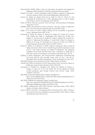 Naturvårdverket (2009b). Miljön i Sverige och övriga Europa. En jämförelse med utgångspunkt i
          Miljösignaler 2009. Stockholm: Swedish Environmental Protection Agency.
Paulrud, S. & Laitila, T. (2007). Lantbrukarnas attityder till odling av energigrödor - värderingsstudie
          med choice experiment. Örebro: IVL Svenska Miljöinstitutet (Report B1746).
Paustian, K., Andren, O., Janzen, H.H., Lal, R., Smith, P., Tian, G., Tiessen, H., Van
          Noordwijk, M. & Woomer, P.L. (1997). Agricultural soils as a sink to mitigate
          CO2 emissions. Soil Use and Management 13(4), 230-244.
Pehnt, M. (2001). Life-cycle assessment of fuel cell stacks. International Journal Of Hydrogen
          Energy 26(1), 91-101.
RENEW (2008). Renewable fuels for advances powertrains - final report. [online]. Available from:
          http://www.renew-fuel.com/fs_documents.php. [Accessed 2009-10-20].
Rigby, D. & Caceres, D. (2001). Organic farming and the sustainability of agricultural
          systems. Agricultural Systems 68(1), 21-40.
Rockström, J., Steffen, W., Noone, K., Persson, A., Chapin, F.S., Lambin, E.F., Lenton,
          T.M., Scheffer, M., Folke, C., Schellnhuber, H.J., Nykvist, B., de Wit, C.A.,
          Hughes, T., van der Leeuw, S., Rodhe, H., Sorlin, S., Snyder, P.K., Costanza, R.,
          Svedin, U., Falkenmark, M., Karlberg, L., Corell, R.W., Fabry, V.J., Hansen, J.,
          Walker, B., Liverman, D., Richardson, K., Crutzen, P. & Foley, J.A. (2009). A
          safe operating space for humanity. Nature 461(7263), 472-475.
Röing, K., Andren, O. & Mattsson, L. (2005). Long-term management effects on plant N
          uptake and topsoil carbon levels in Swedish long-term field experiments: cereals
          and ley, crop residue treatment and fertilizer N application. Acta Agriculturae
          Scandinavica Section B-Soil And Plant Science 55(1), 16-22.Ruth, L. (2008). Bio or
          bust? The economic and ecological cost of biofuels. Embo Reports 9(2), 130-133.
Rydberg, T. (2007). Horsepower – the second generation. Implications of producing food
          and energy with the only renewable energy source we have – the sun. In:
          Proceedings of Mat i nytt klimat. Ekokonferensen. 34-36. Norrköping 19-21 Nov 2007.
SCB (2008). Energy use in the agricultural sector 2007. Official Statistics of Sweden.
Schmidt, J.H. (2008). Development of LCIA characterisation factors for land use impacts on
          biodiversity. Journal of Cleaner Production 16(18), 1929-1942.
Searchinger, T., Heimlich, R., Houghton, R.A., Dong, F.X., Elobeid, A., Fabiosa, J.,
          Tokgoz, S., Hayes, D. & Yu, T.H. (2008). Use of US croplands for biofuels
          increases greenhouse gases through emissions from land-use change. Science
          319(5867), 1238-1240.
SJV (2008). Hur påverkar jordbruket klimatet? [online]. Available from
          http://www2.jordbruksverket.se/webdav/files/SJV/trycksaker/Jordbruksstod/ovr1
          63.pdf [Accessed 2009-10-20].
SJV (2009a). Jordbruket och övergödningen. [online]. Available from
          http://sjv.se/download/18.50cb902d1234ca17a7e8000703/Jordbruket+och+%C3
          %B6verg%C3%B6dningen.pdf [Accessed 2009-10-20].
SJV (2009b). Jordbruksstatistisk årsbok 2009 (Yearbook of agricultural statistics 2009). Official
          Statistics of Sweden. Statistics Sweden.
Smeets, E.M.W., Faaij, A.P.C., Lewandowski, I.M. & Turkenburg, W.C. (2007). A bottom-
          up assessment and review of global bio-energy potentials to 2050. Progress in Energy
          and Combustion Science 33(1), 56-106.



                                                                                                     75
 