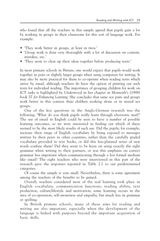 Reading and Writing with ICT 29
who found that all the teachers in this sample agreed that pupils gain a lot
by working in groups in their classrooms for this sort of language work. For
example:
• ‘They work better in groups, at least in twos.’
• ‘Group work is done very thoroughly with a lot of discussion on content,
mistakes, etc.’
• ‘They seem to clear up their ideas together before producing texts.’
In most primary schools in Britain, one would expect that pupils would work
together in pairs or slightly larger groups when using computers for writing. It
may also be more practical for them to co-operate when reading texts which
arrive by email, although teachers do have the option of printing out such
texts for individual reading. The importance of grouping children for work on
ICT tasks is highlighted by Underwood in her chapter in Monteith’s (1998)
book IT for Enhancing Learning. She concludes that same sex pairs and groups
work better in this context than children working alone or in mixed sex
groups.
One of the key questions in the Anglo-German research was the
following: ‘What do you think pupils really learn through electronic mail?’
The use of email in English could be seen to have a number of possible
learning outcomes, so we were interested in finding out which of these
seemed to be the most likely results of such use. Did the pupils; for example,
increase their range of English vocabulary by being exposed to messages
written by their peers in other countries, rather than the carefully graded
vocabulary provided in text books, or did this less-planned series of new
words confuse them? Did they seem to be keen on using exactly the right
grammar when writing to their partners, or was this emphasis on correct
grammar less important when communicating through a less formal medium
like email? The eight teachers who were interviewed in this part of the
research gave the responses reported in Table 2.1 to our predetermined
categories.
Of course the sample is very small. Nevertheless, there is some agreement
among the teachers of the benefits to be gained.
Overall, teachers considered most of the real learning took place in
English vocabulary, communication functions, reading ability, text
production, culture/lifestyle and motivation; some learning occurs in the
area of co-operation, self-awareness and empathy, but much less in grammar
or spelling.
In British primary schools, many of these aims for reading and
writing are also important, especially when the development of the
language is linked with purposes beyond the important acquisition of
basic skills.
 