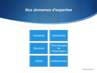 Nos domaines d'expertise
Industriel Distribution
Services
Technologies
de
l'information
Détail Institutionnel
www.stratcor.ca
 