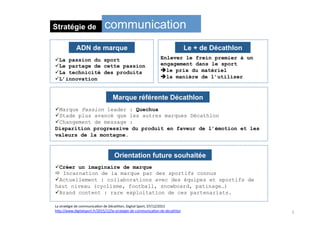 Stratégie de communication
La	stratégie	de	communicaIon	de	Décathlon,	Digital	Sport,	07/12/2015	
h:p://www.digitalsport.fr/2015/12/la-strategie-de-communicaIon-de-decathlon	
ü La passion du sport
ü Le partage de cette passion
ü La technicité des produits
ü L’innovation
ADN de marque Le + de Décathlon
Enlever le frein premier à un
engagement dans le sport
èle prix du matériel
èla manière de l’utiliser	
Marque référente Décathlon
ü Marque Passion leader : Quechua
ü Stade plus avancé que les autres marques Décathlon
ü Changement de message :
Disparition progressive du produit en faveur de l’émotion et les
valeurs de la montagne.
ü Créer un imaginaire de marque
ð Incarnation de la marque par des sportifs connus
ü Actuellement : collaborations avec des équipes et sportifs de
haut niveau (cyclisme, football, snowboard, patinage…)
ü Brand content : rare exploitation de ces partenariats.
Orientation future souhaitée
5	
 