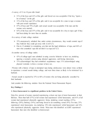 - A survey of 11-to-14 year-olds found:
 51% of the boys and 41% of the girls said forced sex was acceptable if the boy, "spent a
lot of money" on the girl;
 31% of the boys and 32% of the girls said it was acceptable for a man to rape a woman
with past sexual experience;
 87% of boys and 79% of girls said sexual assault was acceptable if the man and the
woman were married;
 65% of the boys and 47% of the girls said it was acceptable for a boy to rape a girl if they
had been dating for more than six months.
- In a survey of male college students:
 35% anonymously admitted that, under certain circumstances, they would commit rape if
they believed they could get away with it (ref 6,7).
 One in 12 admitted to committing acts that met the legal definitions of rape, and 84% of
men who committed rape did not label it as rape.(ref 6,7)
- In another survey of college males:
 43% of college-aged men admitted to using coercive behavior to have sex, including
ignoring a woman's protest, using physical aggression, and forcing intercourse.
 15% acknowledged they had committed acquaintance rape; 11% acknowledged using
physical restraints to force a woman to have sex.
- Women with a history of rape or attempted rape during adolescence were almost twice as likely
to experience a sexual assault during college, and were three times as likely to be victimized by a
husband.
- Sexual assault is reported by 33% to 46% of women who are being physically assaulted by
their husbands.
And consider the following statistics from the National Street Harassment Report:
Key Findings.1
1. Street harassment is a significant problem in the United States.
Sixty-five percent of women reported experiencing at least one type of street harassment in their
lifetimes. More than half (57%) of all women had experienced verbal harassment, and 41% of all
women had experienced physically aggressive forms, including sexual touching (23%),
following (20%), flashing (14%), and being forced to do something sexual (9%). For men, 25%
experienced street harassment, too, including 18% who experienced verbal harassment and 16%
who experienced physically aggressive forms. More men who identified as LGBT experienced
harassment than men who identified as heterosexual.
 