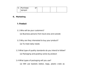 5. Purchase         of
        sprayer


K. Marketing



    1. Product



    1.1 Who will be your customers?

       (a) Business persons from local area and outside


    1.2 Why are they interested to buy your product?

       (a) To meet daily needs


   1.3 What type of quality standards do you intend to follow?

       (a) Packaging and grading varies by product


   1.4 What types of packaging will you use?

       (a) Will use baskets (doko), bags, plastic crate as
 