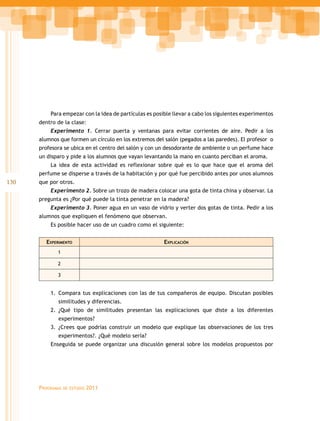 Para empezar con la idea de partículas es posible llevar a cabo los siguientes experimentos
      dentro de la clase:
          Experimento 1. Cerrar puerta y ventanas para evitar corrientes de aire. Pedir a los
      alumnos que formen un círculo en los extremos del salón (pegados a las paredes). El profesor o
      profesora se ubica en el centro del salón y con un desodorante de ambiente o un perfume hace
      un disparo y pide a los alumnos que vayan levantando la mano en cuanto perciban el aroma.
          La idea de esta actividad es reflexionar sobre qué es lo que hace que el aroma del
      perfume se disperse a través de la habitación y por qué fue percibido antes por unos alumnos
130   que por otros.
          Experimento 2. Sobre un trozo de madera colocar una gota de tinta china y observar. La
      pregunta es ¿Por qué puede la tinta penetrar en la madera?
          Experimento 3. Poner agua en un vaso de vidrio y verter dos gotas de tinta. Pedir a los
      alumnos que expliquen el fenómeno que observan.
          Es posible hacer uso de un cuadro como el siguiente:


        Experimento                                     Explicación
             1

             2

             3


          1.	 Compara tus explicaciones con las de tus compañeros de equipo. Discutan posibles
             similitudes y diferencias.
          2.	¿Qué tipo de similitudes presentan las explicaciones que diste a los diferentes
             experimentos?
          3.	¿Crees que podrías construir un modelo que explique las observaciones de los tres
             experimentos?. ¿Qué modelo sería?
          Enseguida se puede organizar una discusión general sobre los modelos propuestos por




      Programas   de estudio   2011
 