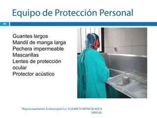 Guantes largos
Mandil de manga larga
Pechera impermeable
Mascarillas
Lentes de protección
ocular
Protector acústico
 