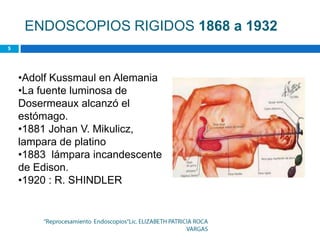 ENDOSCOPIOS RIGIDOS 1868 a 1932


•Adolf Kussmaul en Alemania
•La fuente luminosa de
Dosermeaux alcanzó el
estómago.
•1881 Johan V. Mikulicz,
lampara de platino
•1883 lámpara incandescente
de Edison.
•1920 : R. SHINDLER
 