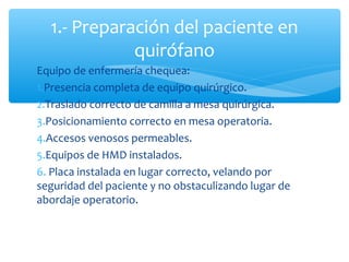 1.- Preparación del paciente en
             quirófano
Equipo de enfermería chequea:
1.Presencia completa de equipo quirúrgico.
2.Traslado correcto de camilla a mesa quirúrgica.
3.Posicionamiento correcto en mesa operatoria.
4.Accesos venosos permeables.
5.Equipos de HMD instalados.
6. Placa instalada en lugar correcto, velando por
seguridad del paciente y no obstaculizando lugar de
abordaje operatorio.
 