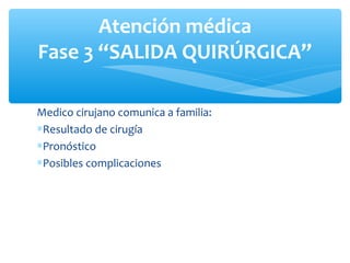 Atención médica
Fase 3 “SALIDA QUIRÚRGICA”

Medico cirujano comunica a familia:
∗Resultado de cirugía
∗Pronóstico
∗Posibles complicaciones
 