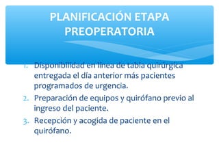 PLANIFICACIÓN ETAPA
         PREOPERATORIA

1. Disponibilidad en línea de tabla quirúrgica
   entregada el día anterior más pacientes
   programados de urgencia.
2. Preparación de equipos y quirófano previo al
   ingreso del paciente.
3. Recepción y acogida de paciente en el
   quirófano.
 
