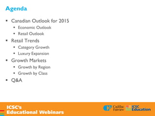 Agenda
 Canadian Outlook for 2015
 Economic Outlook
 Retail Outlook
 Retail Trends
 Category Growth
 Luxury Expansion
 Growth Markets
 Growth by Region
 Growth by Class
 Q&A
 