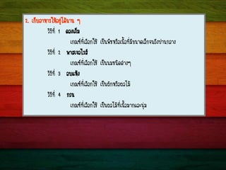 2. à¡çºÍÒËÒÃãËŒÍÂÙ‹ä´Œ¹Ò¹ æ
ÇÔ¸Õ·Õè 1 ´Í§à¤çÁ
à¡³±·ÕèàÅ×Í¡ãªŒ à»š¹¾×ªËÃ×Íà¹×éÍ·ÕèÁÕ¢¹Ò´àÅç¡¨¹¶Ö§»Ò¹¡ÅÒ§
ÇÔ¸Õ·Õè 2 ¾ÒÊà¨ÍäÃÊ
à¡³±·ÕèàÅ×Í¡ãªŒ à»š¹¹Áª¹Ô´µ‹Ò§æ
ÇÔ¸Õ·Õè 3 ÍºáËŒ§
à¡³±·ÕèàÅ×Í¡ãªŒ à»š¹¼Ñ¡ËÃ×Í¼ÅäÁŒ
ÇÔ¸Õ·Õè 4 ¡Ç¹
à¡³±·ÕèàÅ×Í¡ãªŒ à»š¹¼ÅäÁŒ·Õèà¹×éÍÁÒ¡áÅÐ¹Ø‹Á
 