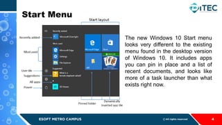 Start Menu
4
The new Windows 10 Start menu
looks very different to the existing
menu found in the desktop version
of Windows 10. It includes apps
you can pin in place and a list of
recent documents, and looks like
more of a task launcher than what
exists right now.
 