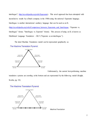 7
interlingua”; http://en.wikipedia.org/wiki/Esperanto). This novel approach has been attempted with
inconclusive results by a Dutch company in the 1980s using the universal Esperanto language.
Interlingua is another international auxiliary language that can be used as an IL
(http://en.wikipedia.org/wiki/Comparison_between_Esperanto_and_Interlingua; “Esperato vs.
Interlingua” forum; ”Interlingua vs. Esperato” forum). This process of using an IL is known as
Distributed Language Translation – DLT (”Esperato as an interlingua.”).
The ideal Machine Translation model can be represented graphically as:
Unfortunately, the current best performing machine
translation systems are crawling at the bottom and are represented by the following model (Knight,
Koehn, pg. 10):
Machine Translation
 