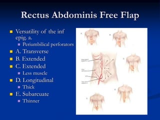 Rectus Abdominis Free Flap
 Versatility of the inf
epig. a.
 Periumbilical perforators
 A. Transverse
 B. Extended
 C. Extended
 Less muscle
 D. Longitudinal
 Thick
 E. Subarcuate
 Thinner
 