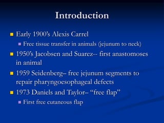 Introduction
 Early 1900’s Alexis Carrel
 Free tissue transfer in animals (jejunum to neck)
 1950’s Jacobsen and Suarez-- first anastomoses
in animal
 1959 Seidenberg– free jejunum segments to
repair pharyngoesophageal defects
 1973 Daniels and Taylor– “free flap”
 First free cutaneous flap
 
