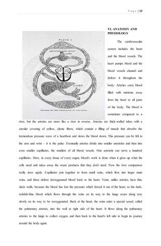 P a g e | 17
VI. ANATOMY AND
PHYSIOLOGY
The cardiovascular
system includes the heart
and the blood vessels. The
heart pumps blood and the
blood vessels channel and
deliver it throughout the
body. Arteries carry blood
filled with nutrients away
from the heart to all parts
of the body. The blood is
sometimes compared to a
river, but the arteries are more like a river in reverse. Arteries are thick-walled tubes with a
circular covering of yellow, elastic fibers, which contain a filling of muscle that absorbs the
tremendous pressure wave of a heartbeat and slows the blood down. This pressure can be felt in
the arm and wrist - it is the pulse. Eventually arteries divide into smaller arterioles and then into
even smaller capillaries, the smallest of all blood vessels. One arteriole can serve a hundred
capillaries. Here, in every tissue of every organ, blood's work is done when it gives up what the
cells need and takes away the waste products that they don't need. Now the river comparison
really does apply. Capillaries join together to form small veins, which flow into larger main
veins, and these deliver deoxygenated blood back to the heart. Veins, unlike arteries, have thin,
slack walls, because the blood has lost the pressure which forced it out of the heart, so the dark,
reddish-blue blood which flows through the veins on its way to the lungs oozes along very
slowly on its way to be reoxygenated. Back at the heart, the veins enter a special vessel, called
the pulmonary arteries, into the wall at right side of the heart. It flows along the pulmonary
arteries to the lungs to collect oxygen, and then back to the heart's left side to begin its journey
around the body again.
 