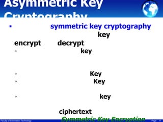 Asymmetric Key
Cryptography


encrypt
‣

‣
‣

symmetric key cryptography
key
decrypt
key

Key
Key
key

‣

ciphertext
Faculty of Information Technology

Symmetric Key Encryption

Page

11

 