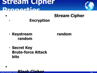 Stream Cipher
Properties


Encryption

‣

‣ Keystream

random

Stream Cipher

random

‣ Secret Key

Brute-force Attack
bits


Faculty of Information Technology

Page

7

 