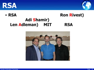 RSA
 RSA

Adi Shamir)
Len Adleman) MIT

Faculty of Information Technology

Ron Rivest)
RSA

Page

23

 