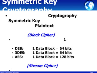 Symmetric Key
Cryptography

Cryptography



Symmetric Key
Plaintext

(Block Cipher)
‣
• DES:
• 3DES:
• AES:

1

1 Data Block = 64 bits
1 Data Block = 64 bits
1 Data Block = 128 bits

(Stream Cipher)
‣

Faculty of Information Technology

Page

 