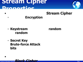 Stream Cipher
Properties


Encryption

‣

‣ Keystream

random

Stream Cipher

random

‣ Secret Key

Brute-force Attack
bits


Faculty of Information Technology

Page

 