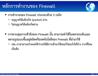 หลักการทํางานของ Firewall
การทํางานของ Firewall ประกอบด้วย 2 กลไก
‣ อนุญาตให้แพ็กเก็ต (packet) ผ่าน
‣ ไม่อนุญาตให้แพ็กเก็ตผ่าน

การควบคุมการเข้าถึงของ Firewall นั้น สามารถทําได้ในหลายระดับและ
หลายรูปแบบขึ้นอยู่ชนิดหรือเทคโนโลยีของ Firewall ที่นํามาใช้
‣ เช่น เราสามารถกําหนดได้ว่าจะให้มีการเข้ามาใช้เซอร์วิสอะไรได้บ้าง จากที่ไหน

เป็นต้น

Faculty of Information Technology

Page

18

 