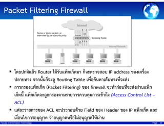 Packet Filtering Firewall

โดยปกติแล้ว Router ได้รับแพ็กเก็ตมา ก็จะตรวจสอบ IP address ของเครื่อง
ปลายทาง จากนั้นก็จะดู Routing Table เพื่อค้นหาเส้นทางที่จะส่ง
การกรองแพ็กเก็ต (Packet Filtering) ของ firewall จะทําก่อนที่จะส่งผ่านแพ็ก
เก็ตนี้ แพ็กเก็ตจะถูกกรองตามรายการควบคุมการเข้าถึง (Access Control List –
ACL)
แต่ละรายการของ ACL จะประกอบด้วย Field ของ Header ของ IP แพ็กเก็ต และ
เงื่อนไขการอนุญาต ว่าอนุญาตหรือไม่อนุญาตให้ผ่าน
Faculty of Information Technology

Page

22

 