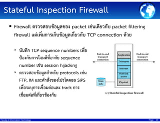 Stateful Inspection Firewall
Firewall ตรวจสอบข้อมูลของ packet เช่นเดียวกับ packet filtering
firewall แต่เพิ่มการเก็บข้อมูลเกี่ยวกับ TCP connection ด้วย
‣ บันทึก TCP sequence numbers เพื่อ

ป้องกันการโจมตีที่อาศัย sequence
number เช่น session hijacking
‣ ตรวจสอบข้อมูลสําหรับ protocols เช่น
FTP, IM และคําสังของโปรโตคอล SIPS
่
เพื่อระบุการเชื่อมต่อและ track การ
เชื่อมต่อที่เกี่ยวข้องกัน

Faculty of Information Technology

Page

29

 