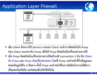 Application Layer Firewall

เมื่อ Client ต้องการใช้ Service ภายนอก Client จะทําการติดต่อไปยัง Proxy
ก่อน Client จะเจรจากับ Proxy เพื่อให้ Proxy ติดต่อไปยังเครืองปลายทางให้
่
เมื่อ Proxy ติดต่อไปยังเครื่องปลายทางให้แล้วจะมี connection 2 อัน คือ Client
กับ Proxy และ Proxy กับเครื่องปลายทาง โดยที่ Proxy จะทําหน้าทีรับข้อมูลและ
่
ส่งต่อข้อมูลให้ใน 2 ทิศทาง ทั้งนี้ Proxy จะทําหน้าที่ในการตัดสินใจว่าจะให้มีการ
เชื่อมต่อกันหรือไม่ จะส่งต่อแพ็กเก็ตให้หรือไม่
Faculty of Information Technology

Page

32

 