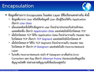 Encapsulation
ข้อมูลที่ผ่านการ Encapsulate ในแต่ละ Layer มีชื่อเรียกแตกต่างกัน ดังนี้
‣ ข้อมูลที่มาจาก User หรือก็คอข้อมูลที่ User เป็นผู้ป้อนให้กับ Application
ื
‣
‣

‣

‣

เรียกว่า User Data
เมื่อแอพพลิเคชั่นได้รับข้อมูลจาก user ก็จะนํามาประกอบกับส่วนหัวของ
แอพพลิเคชั่น เรียกว่า Application Data และส่งต่อไปยังโปรโตคอล TCP
เมื่อโปรโตคอล TCP ได้รับ Application Data ก็จะนํามารวมกับ Header ของ
โปรโตคอล TCP เรียกว่า TCP Segment และส่งต่อไปยังโปรโตคอล IP
เมื่อโปรโตคอล IP ได้รับ TCP Segment ก็จะนํามารวมกับ Header ของ
โปรโตคอล IP เรียกว่า IP Datagram และส่งต่อไปยัง Host-to-Network
Layer
ในระดับ Host-to-Network จะนํา IP Datagram มาเพิ่มส่วน Error
Correction และ flag เรียกว่า Ethernet Frame ก่อนจะแปลงข้อมูลเป็น
สัญญาณไฟฟ้า ส่งผ่านสายสัญญาณที่เชื่อมโยงอยู่ต่อไป

Faculty of Information Technology

Page

7

 