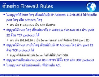 ???????? Firewall Rules
???????????? host ??? ?????????????? IP Address 119.46.85.5 ????????????
port ??? ???? protocol ???
? ???? ????? 119.46.85.5 ???? host ???????

????????? host ??? ?????????????? IP Address 192.168.10.1 ???? port
22 ???? TCP protocol ???
? ???? ????? 192.168.10.1 ???? Server ?????? ???????????? SSH (port 22)

????????? host ???????? ?????????????? IP Address ??? ???? port 22
???? TCP protocol ???
? ??????????????????????? Server ??????????????????? SSH

?????????????????????? port 80 (HTTP) ??????? TCP ??? UDP protocol
???????????????????????????? ???????????? ACL
Faculty of Information Technology

Page

12

 