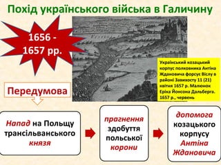 Похід українського війська в Галичину
1656 -
1657 рр.
Передумова
Український козацький
корпус полковника Антіна
Ждановича форсує Віслу в
районі Завихосту 11 (21)
квітня 1657 р. Малюнок
Еріка Йонсона Дальберга.
1657 р., червень
 
