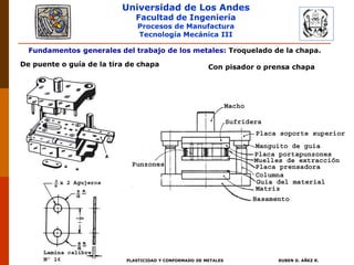 Universidad de Los Andes
Facultad de Ingeniería
Procesos de Manufactura
Tecnología Mecánica III
RUBEN D. AÑEZ R.PLASTICIDAD Y CONFORMADO DE METALES
Fundamentos generales del trabajo de los metales: Troquelado de la chapa.
Con pisador o prensa chapaDe puente o guía de la tira de chapa
 