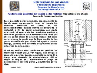 Universidad de Los Andes
Facultad de Ingeniería
Procesos de Manufactura
Tecnología Mecánica III
RUBEN D. AÑEZ R. PLASTICIDAD Y CONFORMADO DE METALES
Fundamentos generales del trabajo de los metales: Troquelado de la chapa:
Centro de fuerzas cortantes.
En el proyecto de las estampas, especialmente de
las de paso, es necesario tener en cuenta los
diversos esfuerzos de corte, en los
correspondientes puntos donde es solicitado el
material, a fin de poder establecer, con cierta
exactitud, el centro de las presiones medias o
centro de gravedad. Esta determinación tiene por
objeto poder situar la estampa debajo del carro
de la prensa de modo que la línea media de las
guías, especificada por el eje del agujero para el
mango, coincida con el centro de gravedad de los
esfuerzos de estampado.
Si no se verifica esta condición se produce un
momento flector (PxL), ver Figura, que obliga al
carro de la prensa, cuando esta bajo la carga Q, a
tomar una directriz de deslizamiento oblicua
según el ángulo , aumentando el juego de
deslizamiento por una parte y anulándola por la
otra.

 