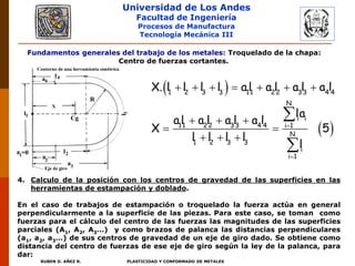 Universidad de Los Andes
Facultad de Ingeniería
Procesos de Manufactura
Tecnología Mecánica III
RUBEN D. AÑEZ R. PLASTICIDAD Y CONFORMADO DE METALES
Fundamentos generales del trabajo de los metales: Troquelado de la chapa:
Centro de fuerzas cortantes.
 
 

      
  
 
  


1 2 3 3 11 22 33 4 4
N
i i
11 22 33 4 4 i 1
N
1 2 3 3
i
i 1
X. l l l l al a l a l a l
la
al a l a l a l
X 5
l l l l
l
4. Calculo de la posición con los centros de gravedad de las superficies en las
herramientas de estampación y doblado.
En el caso de trabajos de estampación o troquelado la fuerza actúa en general
perpendicularmente a la superficie de las piezas. Para este caso, se toman como
fuerzas para el cálculo del centro de las fuerzas las magnitudes de las superficies
parciales (A1, A2, A3…) y como brazos de palanca las distancias perpendiculares
(a1, a2, a3…) de sus centros de gravedad de un eje de giro dado. Se obtiene como
distancia del centro de fuerzas de ese eje de giro según la ley de la palanca, para
dar:
 