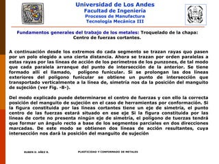 Universidad de Los Andes
Facultad de Ingeniería
Procesos de Manufactura
Tecnología Mecánica III
RUBEN D. AÑEZ R. PLASTICIDAD Y CONFORMADO DE METALES
Fundamentos generales del trabajo de los metales: Troquelado de la chapa:
Centro de fuerzas cortantes.
A continuación desde los extremos do cada segmento se trazan rayas quo pasen
por un polo elegido a una cierta distancia. Ahora se trazan por orden paralelas a
estas rayas por las líneas de acción de los perímetros de los punzones, de tal modo
que cada paralela arranque del punto de intersección de la anterior. Se tiene
formado allí el llamado, polígono funicular. Si se prolongan las dos líneas
exteriores del polígono funicular se obtiene un punto de intersección que
transportado verticalmente a la línea de, simetría nos da la posición del manguito
de sujeción (ver Fig. -8-).
Del modo explicado puede determinarse el centro de fuerzas y con ello la correcta
posición del manguito de sujeción en el caso de herramientas por conformación. Si
la figura constituida por las líneas cortantes tiene un eje de simetría, el punto
centro de las fuerzas estará situado en ese eje Si la figura constituida por las
líneas de corte no presenta ningún eje de simetría, el polígono de tuerzas tendrá
que formar un ángulo recto a base de los segmentos parciales en dos direcciones
marcadas. De este modo se obtienen dos líneas de acción resultantes, cuya
intersección nos dará la posición del manguito de sujeción
 