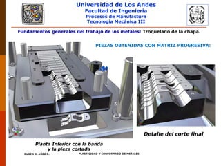Universidad de Los Andes
Facultad de Ingeniería
Procesos de Manufactura
Tecnología Mecánica III
RUBEN D. AÑEZ R. PLASTICIDAD Y CONFORMADO DE METALES
Fundamentos generales del trabajo de los metales: Troquelado de la chapa.
Planta Inferior con la banda
y la pieza cortada
Detalle del corte final
PIEZAS OBTENIDAS CON MATRIZ PROGRESIVA:
 