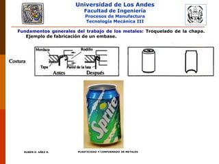 Universidad de Los Andes
Facultad de Ingeniería
Procesos de Manufactura
Tecnología Mecánica III
RUBEN D. AÑEZ R. PLASTICIDAD Y CONFORMADO DE METALES
Fundamentos generales del trabajo de los metales: Troquelado de la chapa.
Ejemplo de fabricación de un embase.
 
