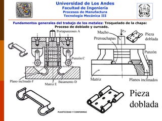 Universidad de Los Andes
Facultad de Ingeniería
Procesos de Manufactura
Tecnología Mecánica III
RUBEN D. AÑEZ R. PLASTICIDAD Y CONFORMADO DE METALES
Fundamentos generales del trabajo de los metales: Troquelado de la chapa:
Proceso de doblado y curvado.
 