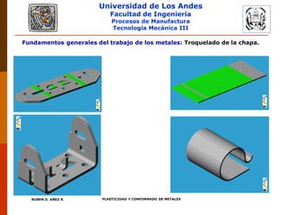 Universidad de Los Andes
Facultad de Ingeniería
Procesos de Manufactura
Tecnología Mecánica III
RUBEN D. AÑEZ R. PLASTICIDAD Y CONFORMADO DE METALES
Fundamentos generales del trabajo de los metales: Troquelado de la chapa.
 