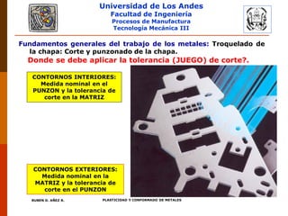 Universidad de Los Andes
Facultad de Ingeniería
Procesos de Manufactura
Tecnología Mecánica III
RUBEN D. AÑEZ R. PLASTICIDAD Y CONFORMADO DE METALES
Fundamentos generales del trabajo de los metales: Troquelado de
la chapa: Corte y punzonado de la chapa.
Donde se debe aplicar la tolerancia (JUEGO) de corte?.
CONTORNOS INTERIORES:
Medida nominal en el
PUNZON y la tolerancia de
corte en la MATRIZ
CONTORNOS EXTERIORES:
Medida nominal en la
MATRIZ y la tolerancia de
corte en el PUNZON
 