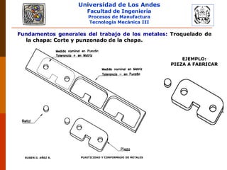 Universidad de Los Andes
Facultad de Ingeniería
Procesos de Manufactura
Tecnología Mecánica III
RUBEN D. AÑEZ R. PLASTICIDAD Y CONFORMADO DE METALES
Fundamentos generales del trabajo de los metales: Troquelado de
la chapa: Corte y punzonado de la chapa.
EJEMPLO:
PIEZA A FABRICAR
 