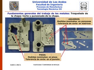 Universidad de Los Andes
Facultad de Ingeniería
Procesos de Manufactura
Tecnología Mecánica III
RUBEN D. AÑEZ R. PLASTICIDAD Y CONFORMADO DE METALES
Fundamentos generales del trabajo de los metales: Troquelado de
la chapa: Corte y punzonado de la chapa.
PIEZA:
Medidas nominales: en pieza
Tolerancia de corte: en el punzón
AGUJEROS:
Medidas nominales: en punzones
Tolerancia de corte: en matrices
 