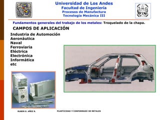 Universidad de Los Andes
Facultad de Ingeniería
Procesos de Manufactura
Tecnología Mecánica III
RUBEN D. AÑEZ R. PLASTICIDAD Y CONFORMADO DE METALES
Fundamentos generales del trabajo de los metales: Troquelado de la chapa.
CAMPOS DE APLICACIÓN
Industria de Automoción
Aeronáutica
Naval
Ferroviaria
Eléctrica
Electrónica
Informática
etc
 