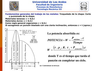 Universidad de Los Andes
Facultad de Ingeniería
Procesos de Manufactura
Tecnología Mecánica III
RUBEN D. AÑEZ R. PLASTICIDAD Y CONFORMADO DE METALES
Fundamentos generales del trabajo de los metales: Troquelado de la chapa: Corte
y punzonado de la chapa.
 
 


La potencia absorbida es:
.
. . . .
donde T es el tiempo que tarda el
punzón en completar un ciclo.
máxima
c s exracción
P c
POTENCIA W
Tiempo
t p K P c
W
T

Materiales tenaces: c = 0,6.t
Materiales duros: c = 0,4.t
Como regla general cogeremos c = 0,5.t
Si escogemos un punzón biselado con una cierta inclinación, entonces c = t (aprox.)
c = 0,50t
 