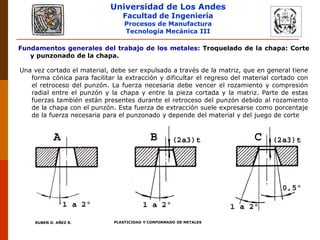 Universidad de Los Andes
Facultad de Ingeniería
Procesos de Manufactura
Tecnología Mecánica III
RUBEN D. AÑEZ R. PLASTICIDAD Y CONFORMADO DE METALES
Una vez cortado el material, debe ser expulsado a través de la matriz, que en general tiene
forma cónica para facilitar la extracción y dificultar el regreso del material cortado con
el retroceso del punzón. La fuerza necesaria debe vencer el rozamiento y compresión
radial entre el punzón y la chapa y entre la pieza cortada y la matriz. Parte de estas
fuerzas también están presentes durante el retroceso del punzón debido al rozamiento
de la chapa con el punzón. Esta fuerza de extracción suele expresarse como porcentaje
de la fuerza necesaria para el punzonado y depende del material y del juego de corte
Fundamentos generales del trabajo de los metales: Troquelado de la chapa: Corte
y punzonado de la chapa.
 