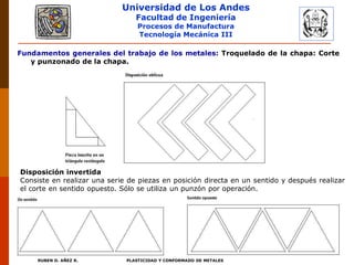 Universidad de Los Andes
Facultad de Ingeniería
Procesos de Manufactura
Tecnología Mecánica III
RUBEN D. AÑEZ R. PLASTICIDAD Y CONFORMADO DE METALES
Fundamentos generales del trabajo de los metales: Troquelado de la chapa: Corte
y punzonado de la chapa.
Disposición invertida
Consiste en realizar una serie de piezas en posición directa en un sentido y después realizar
el corte en sentido opuesto. Sólo se utiliza un punzón por operación.
 
