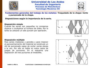 Universidad de Los Andes
Facultad de Ingeniería
Procesos de Manufactura
Tecnología Mecánica III
RUBEN D. AÑEZ R. PLASTICIDAD Y CONFORMADO DE METALES
Fundamentos generales del trabajo de los metales: Troquelado de la chapa: Corte
y punzonado de la chapa.
Disposiciones según la importancia de la serie.
Disposición múltiple
Para series medianas y grandes y para mejorar
el aprovechamiento del material se construye un
útil de punzonado capaz de cortar varias piezas
a la vez. Por ello se habla en estos casos de
juegos de punzones. En el esquema una
disposición de tres punzones al tresbolillo.
Disposición simple
Cuando las series son pequeñas no compensa
duplicar o multiplicar el número de útiles. Por lo
tanto se utilizará un sólo punzón por operación.
 