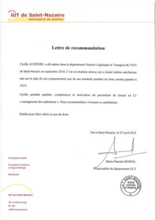 Recommendation Letter [Marie-Pascale SENKEL] - Two-year Degree Logistics and Transport Management (Université de Nantes)